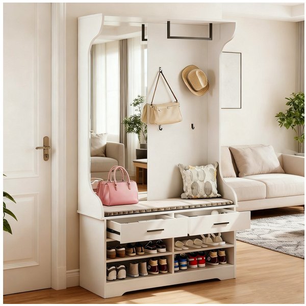 FUROKOY Kleiderständer Dielengarderobe, Wandgarderobe mit Spiegel, (Garderobenset mit Schuhschrank, 2 Schublade und Kleiderstange), für Flur, Wohnzimmer, Schlaf