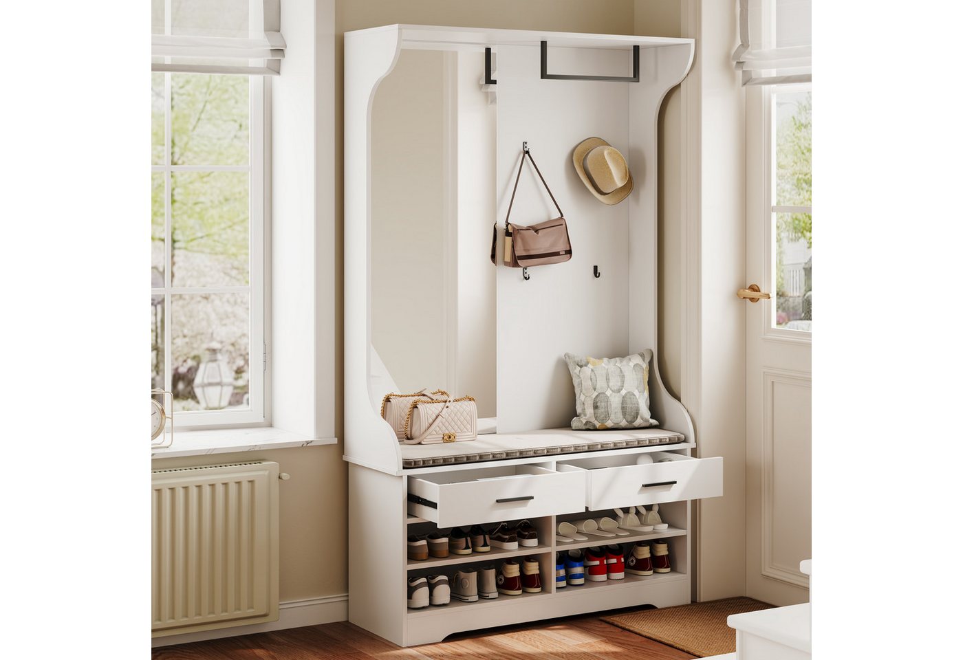 FUROKOY Kleiderständer Dielengarderobe, Wandgarderobe mit Spiegel, (Garderobenset mit Schuhschrank, 2 Schublade und Kleiderstange), für Flur, Wohnzimmer, Schlaf – Bild 2 von 5