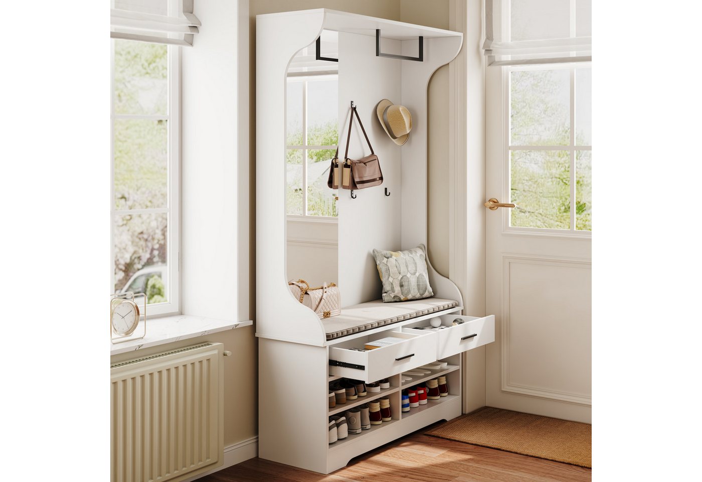 FUROKOY Kleiderständer Dielengarderobe, Wandgarderobe mit Spiegel, (Garderobenset mit Schuhschrank, 2 Schublade und Kleiderstange), für Flur, Wohnzimmer, Schlaf – Bild 3 von 5
