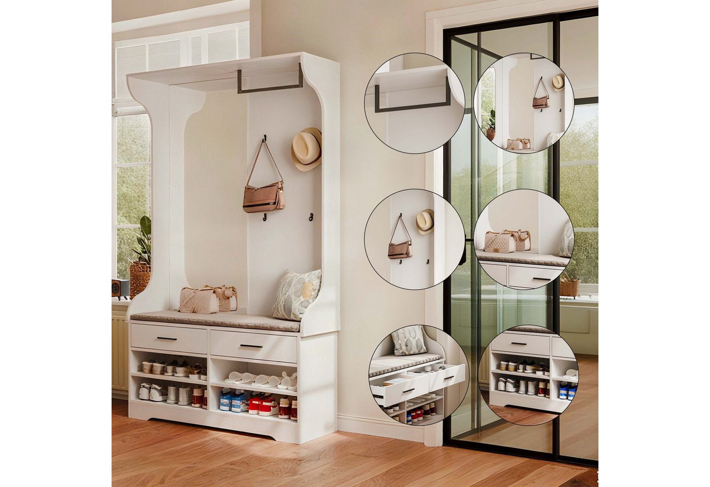 FUROKOY Kleiderständer Dielengarderobe, Wandgarderobe mit Spiegel, (Garderobenset mit Schuhschrank, 2 Schublade und Kleiderstange), für Flur, Wohnzimmer, Schlaf – Bild 4 von 5
