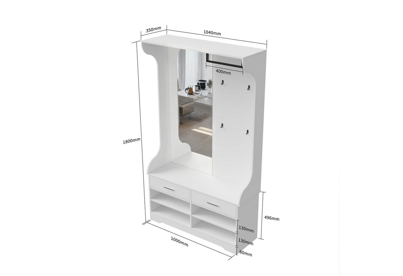 FUROKOY Kleiderständer Dielengarderobe, Wandgarderobe mit Spiegel, (Garderobenset mit Schuhschrank, 2 Schublade und Kleiderstange), für Flur, Wohnzimmer, Schlaf – Bild 5 von 5
