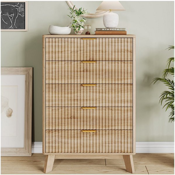 FUROKOY Kommode mit 5 Schubladen Holz Schrank, Sideboard mit Metallgriff,Wellenstruktur vorne,Naturholzfarbe