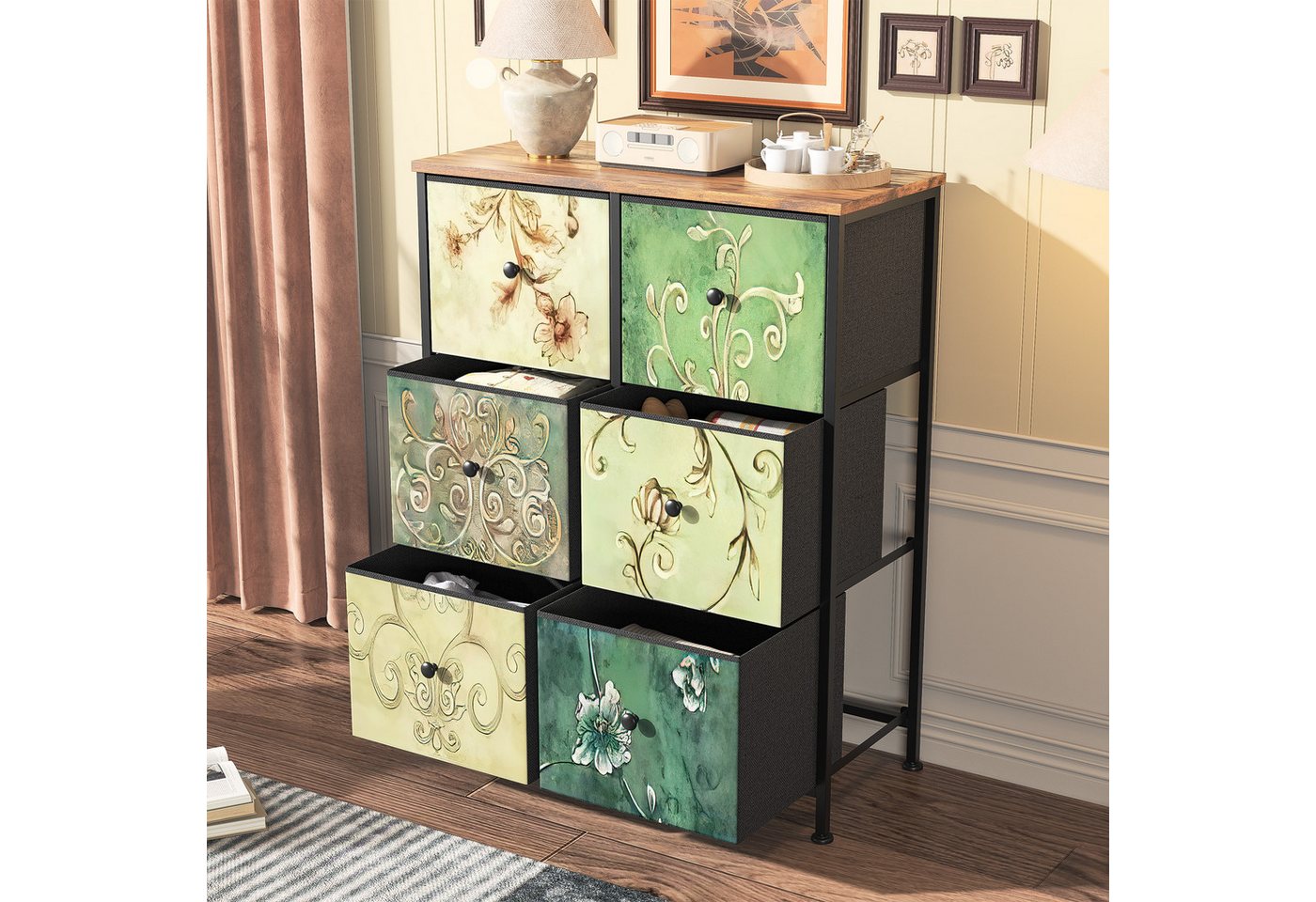 FUROKOY Kommode Stauraumschrank,Schrank Schlafzimmer,Metallrahmen,Retro Stil, Blumenmuster,6 Schubladen – Bild 3 von 5