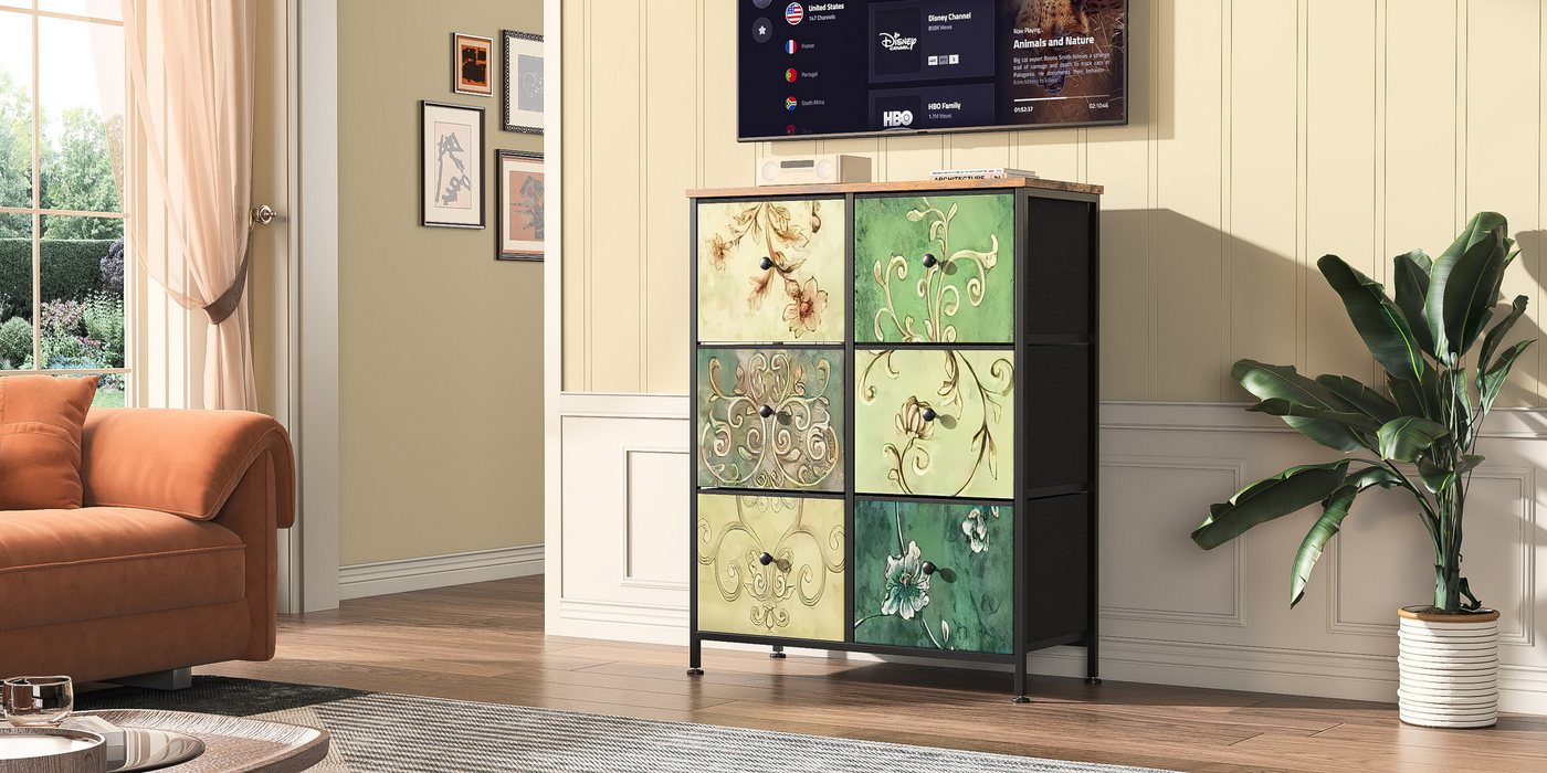 FUROKOY Kommode Stauraumschrank,Schrank Schlafzimmer,Metallrahmen,Retro Stil, Blumenmuster,6 Schubladen – Bild 4 von 5