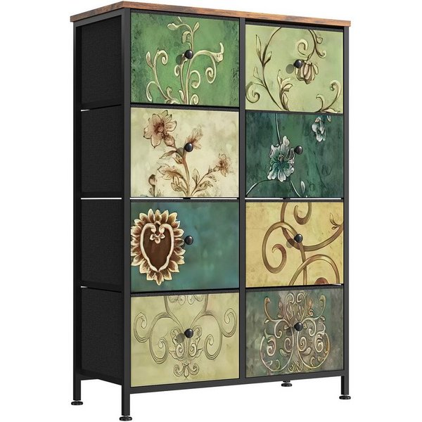 FUROKOY Kommode Stauraumschrank,Schrank Schlafzimmer,Metallrahmen,Retro Stil, Blumenmuster,8 Schubladen