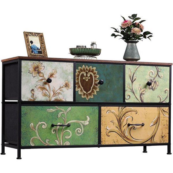 FUROKOY Kommode Stauraumschrank,Schrank Schlafzimmer,Metallrahmen,Retro Stil, Blumenmuster,5 Schubladen