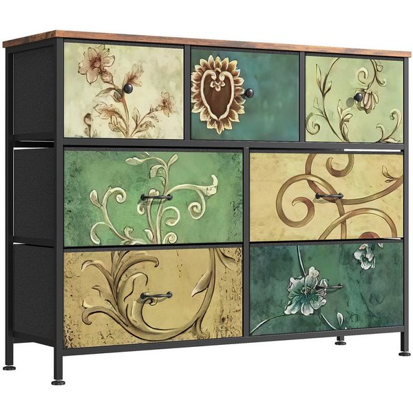 FUROKOY Kommode Stauraumschrank,Schrank Schlafzimmer,Metallrahmen,Retro Stil, Blumenmuster,7 Schubladen