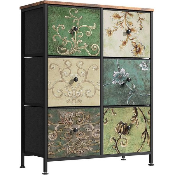FUROKOY Kommode Vintage Stoffkommode Sideboard mit klappbaren Stoffschubladen (Mehrzweckschrank Aufbewahrungsschrank Holzoptik, Retro-schubladenschrank für Arbe