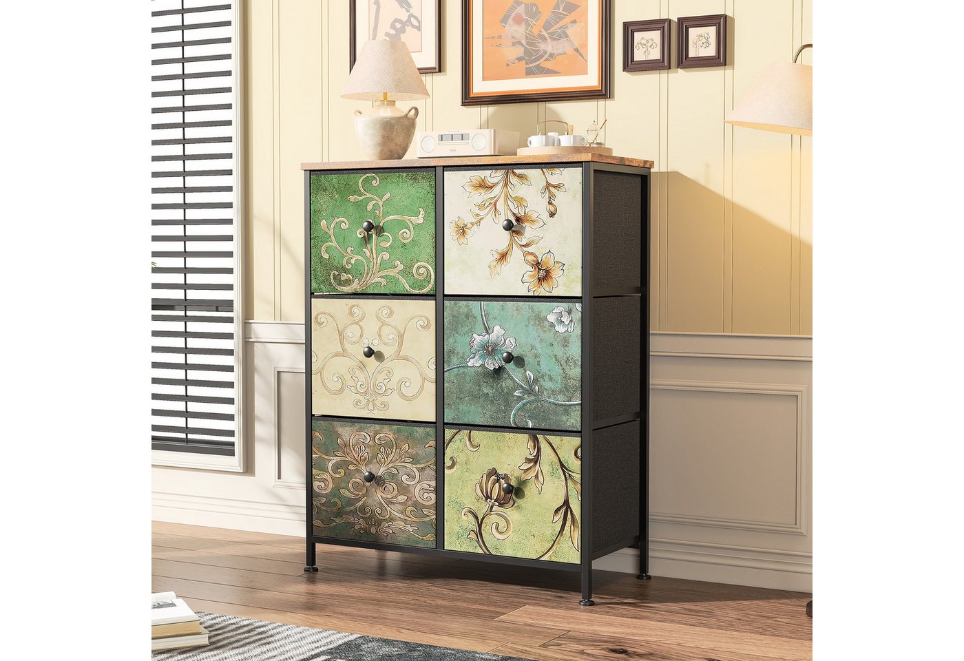 FUROKOY Kommode Vintage Stoffkommode Sideboard mit klappbaren Stoffschubladen (Mehrzweckschrank Aufbewahrungsschrank Holzoptik, Retro-schubladenschrank für Arbe – Bild 2 von 5