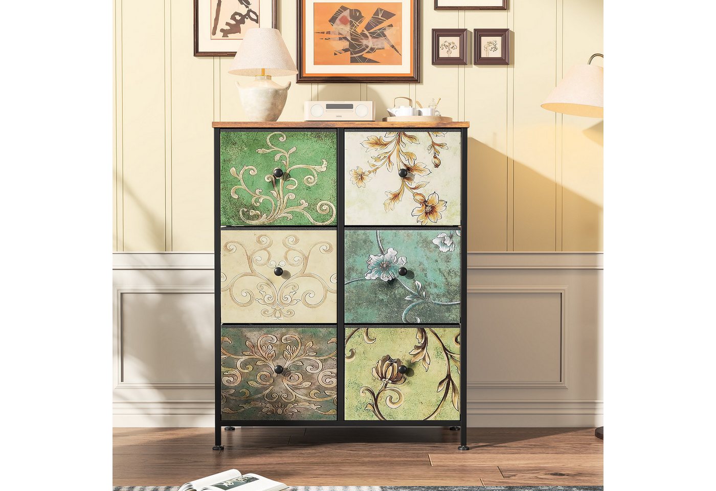 FUROKOY Kommode Vintage Stoffkommode Sideboard mit klappbaren Stoffschubladen (Mehrzweckschrank Aufbewahrungsschrank Holzoptik, Retro-schubladenschrank für Arbe – Bild 3 von 5