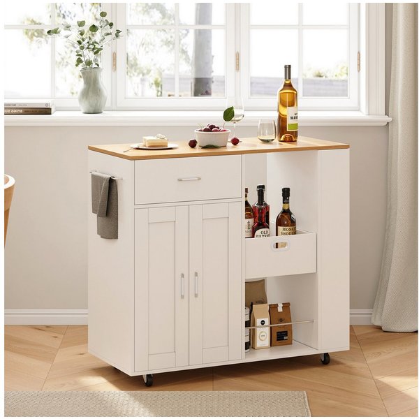 FUROKOY Kücheninsel Küchenwagen auf Rollen, Holz Bewegliche Kücheninsel, (mit Schubladen, Regale, Aufbewahrungsboxen und ein Gewürzregal), für Küche und Esszimm