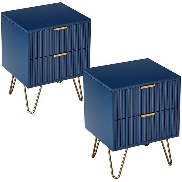 FUROKOY Nachttisch 2er set Nachtschrank mit Schubladen, Beistelltisch mit Metallbeine (Sofatisch Beistelltisch mit 2 Schubladen, Dunkelblau), Schubladenschrank 