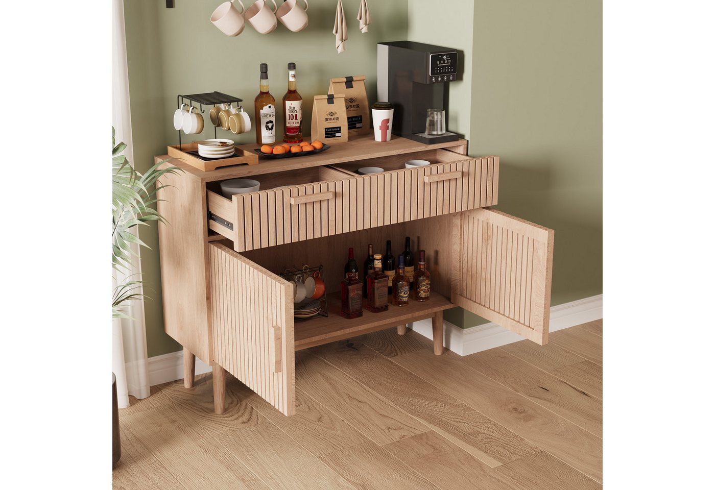 FUROKOY Sideboard Kommode Küchenschrank, Holzbeine (Buffetschrank mit 2 Türen und 2 Stauraum Schubladen), für Schlafzimmer, Wohnzimmer, Flur, 100 x 35 x 80 cm – Bild 3 von 5