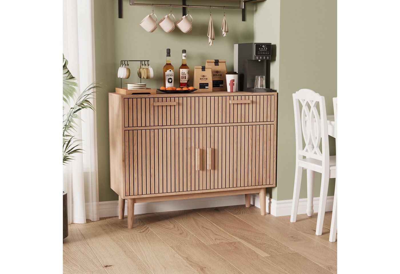 FUROKOY Sideboard Kommode Küchenschrank, Holzbeine (Buffetschrank mit 2 Türen und 2 Stauraum Schubladen), für Schlafzimmer, Wohnzimmer, Flur, 100 x 35 x 80 cm – Bild 4 von 5