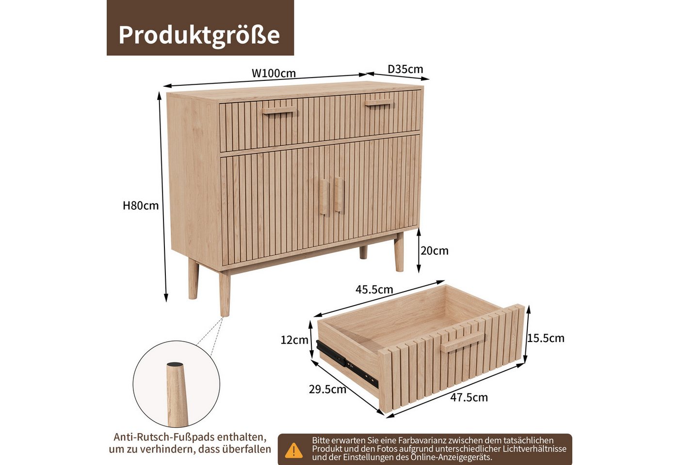 FUROKOY Sideboard Kommode Küchenschrank, Holzbeine (Buffetschrank mit 2 Türen und 2 Stauraum Schubladen), für Schlafzimmer, Wohnzimmer, Flur, 100 x 35 x 80 cm – Bild 5 von 5