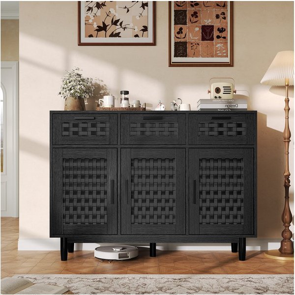 FUROKOY Sideboard Rattan Küchenschrank us Holz (Buffetschrank Highboard mit 3 Schubladen und 3 Türen), für Schlafzimmer, Wohnzimmer, Flur, 108 x 40 x 80 cm, Sch