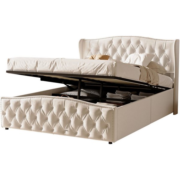 FUROKOY Stauraumbett hydraulischem Polsterbett mit Lattenrost, Doppelbett 140x200cm,mit gepolstertem Kopfteil,Beige,Samt