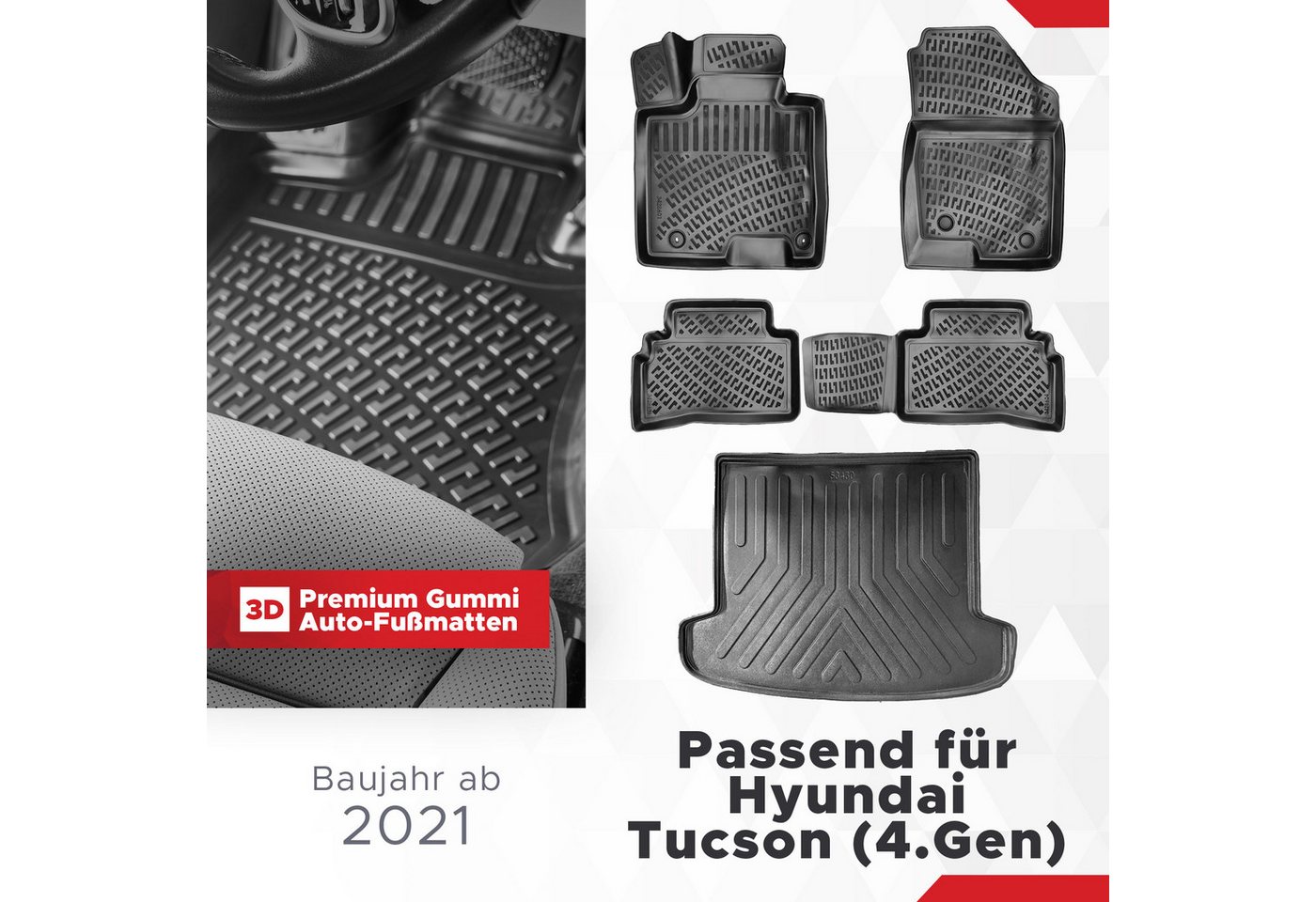 fussmattenprofi.com Auto-Fußmatten 3D Gummimatten & Kofferraumwanne für Hyundai Tucson (4.Gen) 2020-2026 – Bild 2 von 5