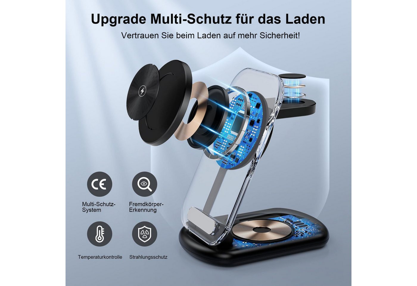 Futicare 3 in 1 Induktive Ladegerät, Wireless Charger Ladestation Wireless Charger (Induktions-Ladegerät, Magnetisches faltbares kabelloses Ladegerät mit Nachtl – Bild 3 von 5