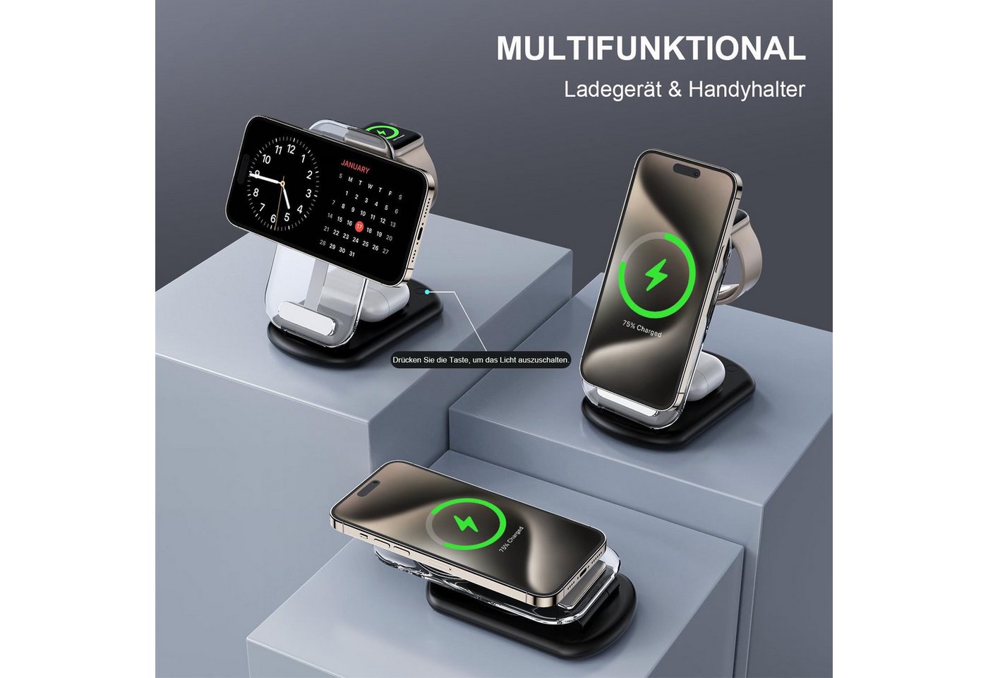 Futicare 3 in 1 Induktive Ladegerät, Wireless Charger Ladestation Wireless Charger (Induktions-Ladegerät, Magnetisches faltbares kabelloses Ladegerät mit Nachtl – Bild 4 von 5