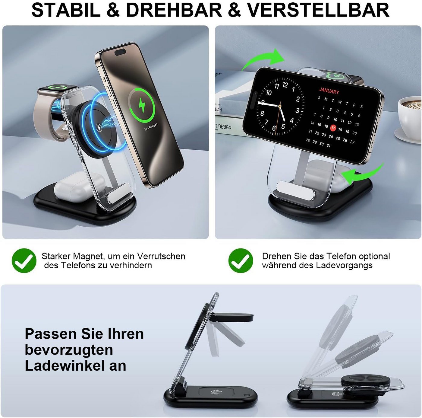 Futicare 3 in 1 Induktive Ladegerät, Wireless Charger Ladestation Wireless Charger (Induktions-Ladegerät, Magnetisches faltbares kabelloses Ladegerät mit Nachtl – Bild 5 von 5