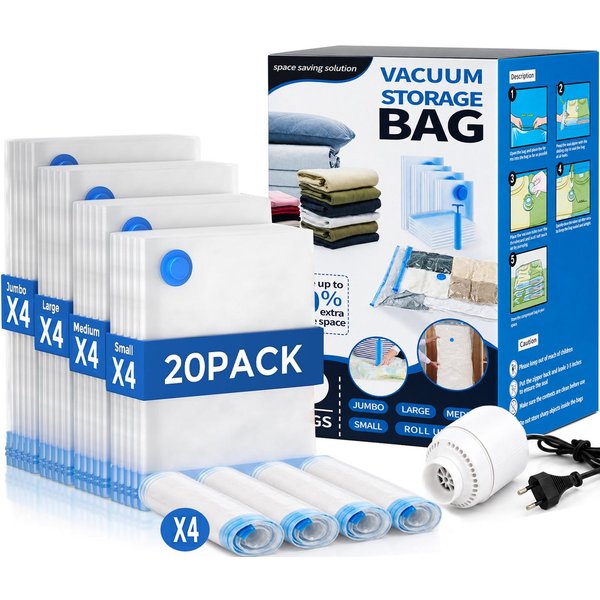 Futicare Aufbewahrungstasche 20pcs Vakuumbeutel mit elektrischer Luftpumpe (4 Jumbo, 4 groß, 4 Midi, 4 kleine Beutel, 4 Reise-Rollbeutel platzsparende Versiegel