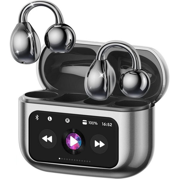 Futicare Bluetooth 5.4 Clip-On Kopfhörer mit LCD-Touchcase, Open-Ear-Kopfhörer (leichte Ohrclip-Kopfhörer, mit 14,2-mm-Treiber, ENC & 60 Std. Laufzeit)