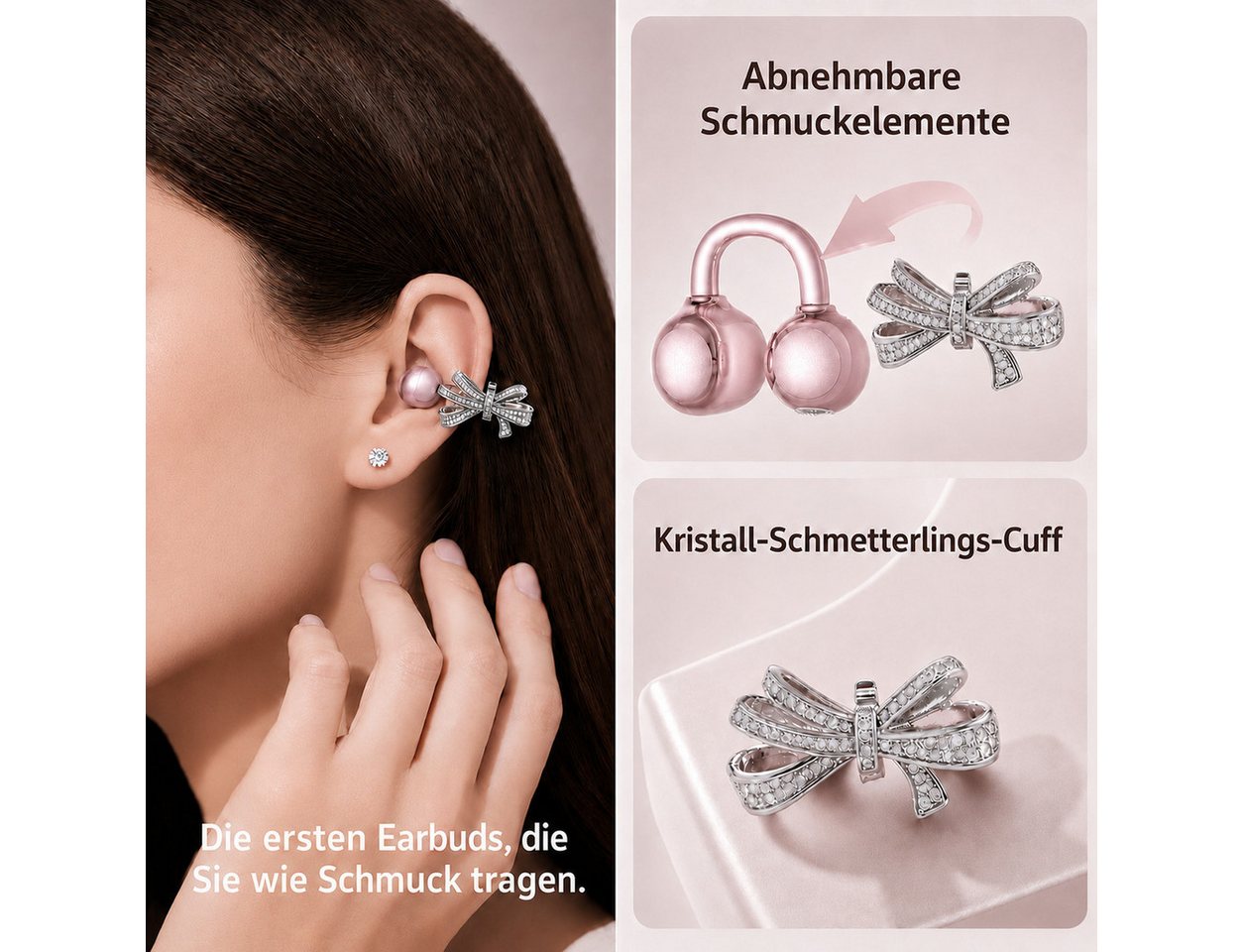 Futicare Bluetooth 6.0 Clip-On-Kopfhörer mit abnehmbarem Deko-Element, Open-Ear-Kopfhörer (kabellose Earbuds mit 60 Std.IPX5, KI-Mikrofon, Geschenkidee für sie) – Bild 2 von 5