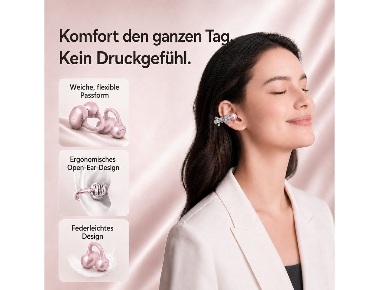Futicare Bluetooth 6.0 Clip-On-Kopfhörer mit abnehmbarem Deko-Element, Open-Ear-Kopfhörer (kabellose Earbuds mit 60 Std.IPX5, KI-Mikrofon, Geschenkidee für sie) – Bild 3 von 5