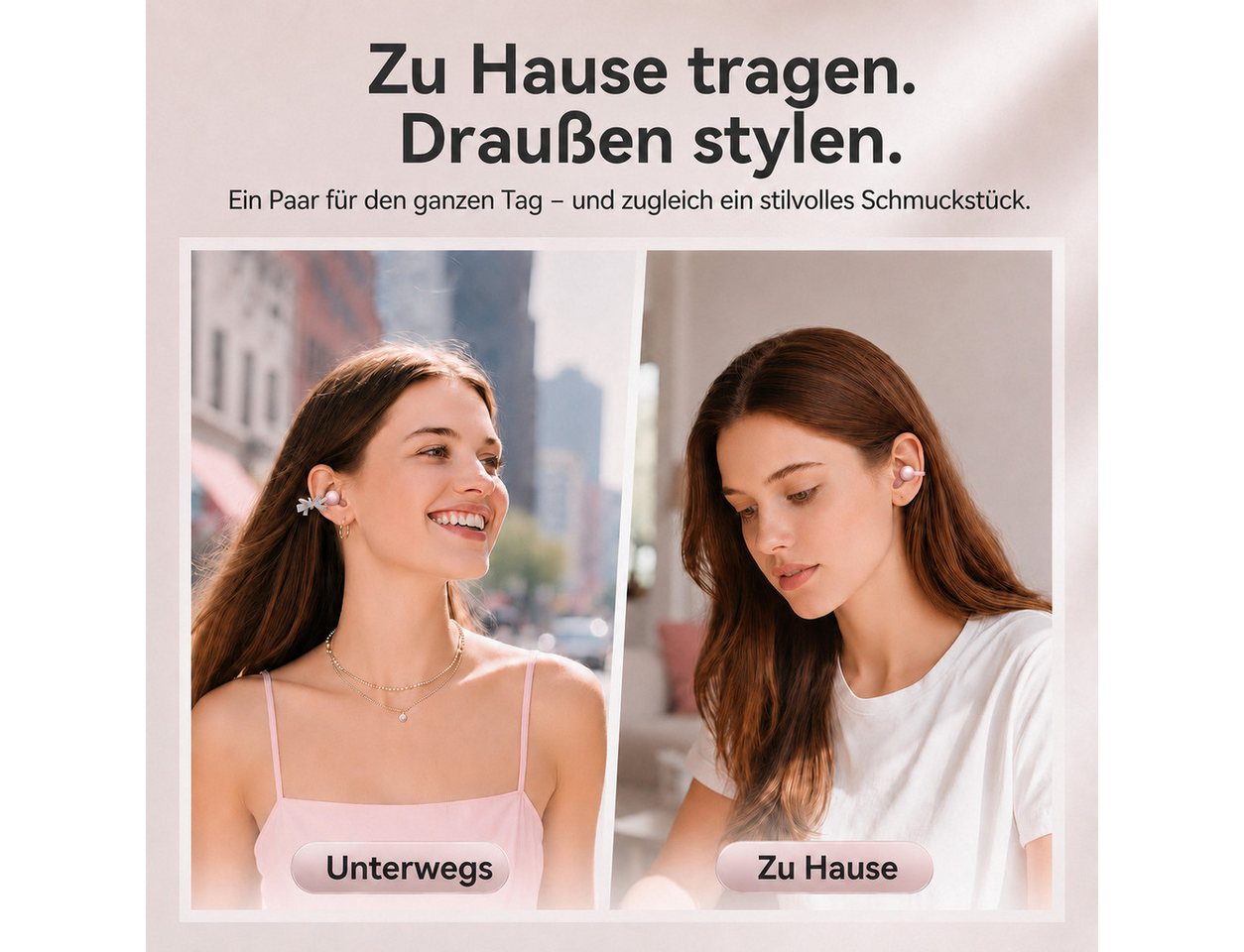 Futicare Bluetooth 6.0 Clip-On-Kopfhörer mit abnehmbarem Deko-Element, Open-Ear-Kopfhörer (kabellose Earbuds mit 60 Std.IPX5, KI-Mikrofon, Geschenkidee für sie) – Bild 5 von 5