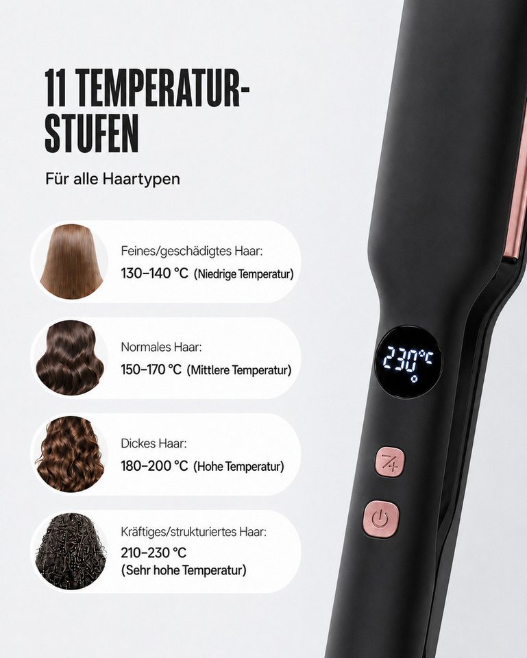Futicare Glätteisen breit 50 mm, breiter Haarglätter mit 11 Temp 130–230 °C PTC-Schnellaufheizung, LED-Anzeige, 3D-Floating-Platten mit Aufbewahrungstasche, für – Bild 5 von 5