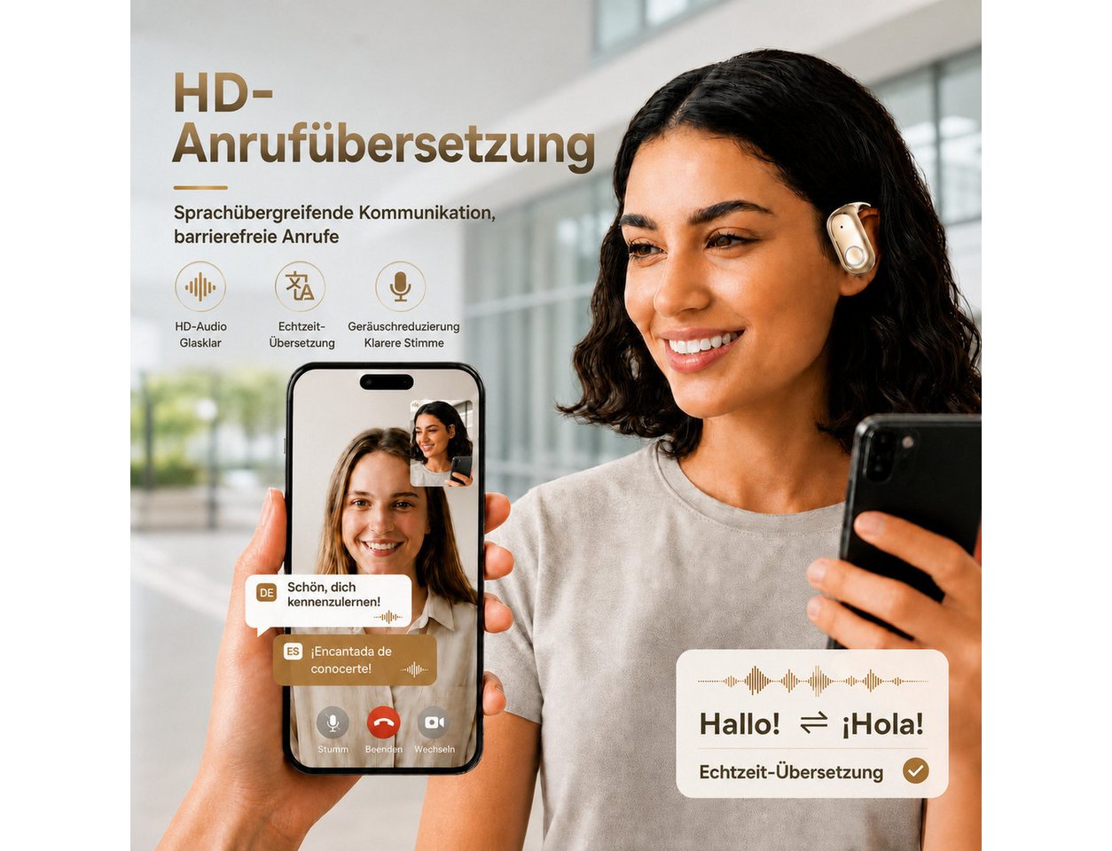 Futicare KI-Übersetzungskopfhörer mit GPT-KI, Bluetooth-Kopfhöre, Open-Ear-Kopfhörer (mit schlankem Ohrhaken für Brillenträger,165 Sprachen,ohne Abo,80 Std) – Bild 5 von 5