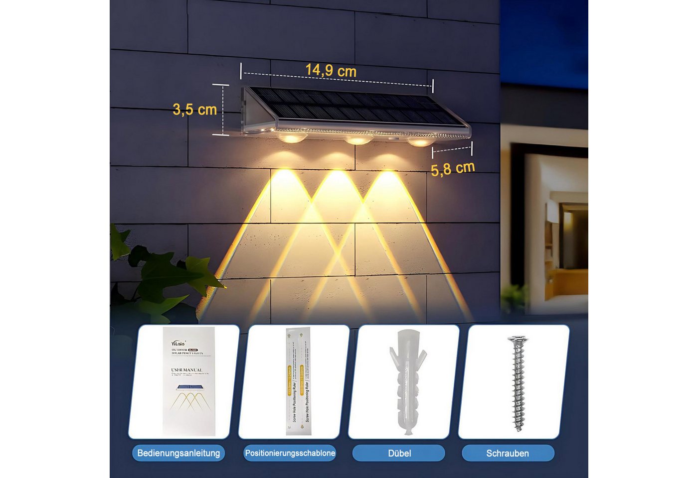 Futicare LED Außen-Wandleuchte Solar, Warmweiß & RGB 6 Farben, IP67, Solarleuchte für Zaun, Garten, Terrasse, Stufen, 4er Set – Bild 5 von 5