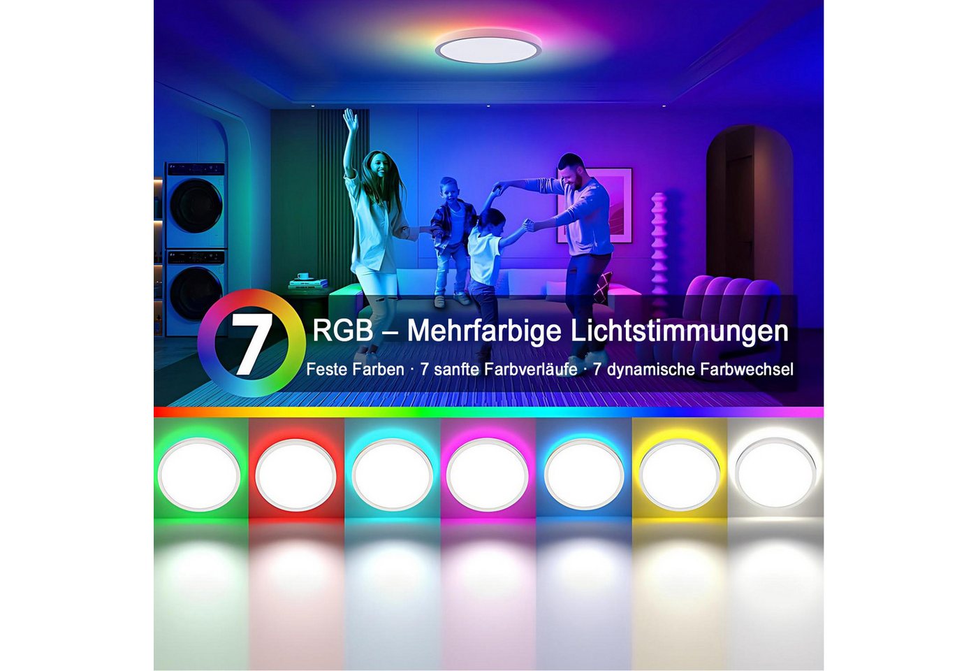 Futicare LED Deckenleuchte mit RGB Ambientelicht, 24W, 2700 lm, dimmbar, Fernbedienung, 3000–6500 K, IP44 – für Wohnzimmer, Schlafzimmer & Bad – Bild 3 von 5