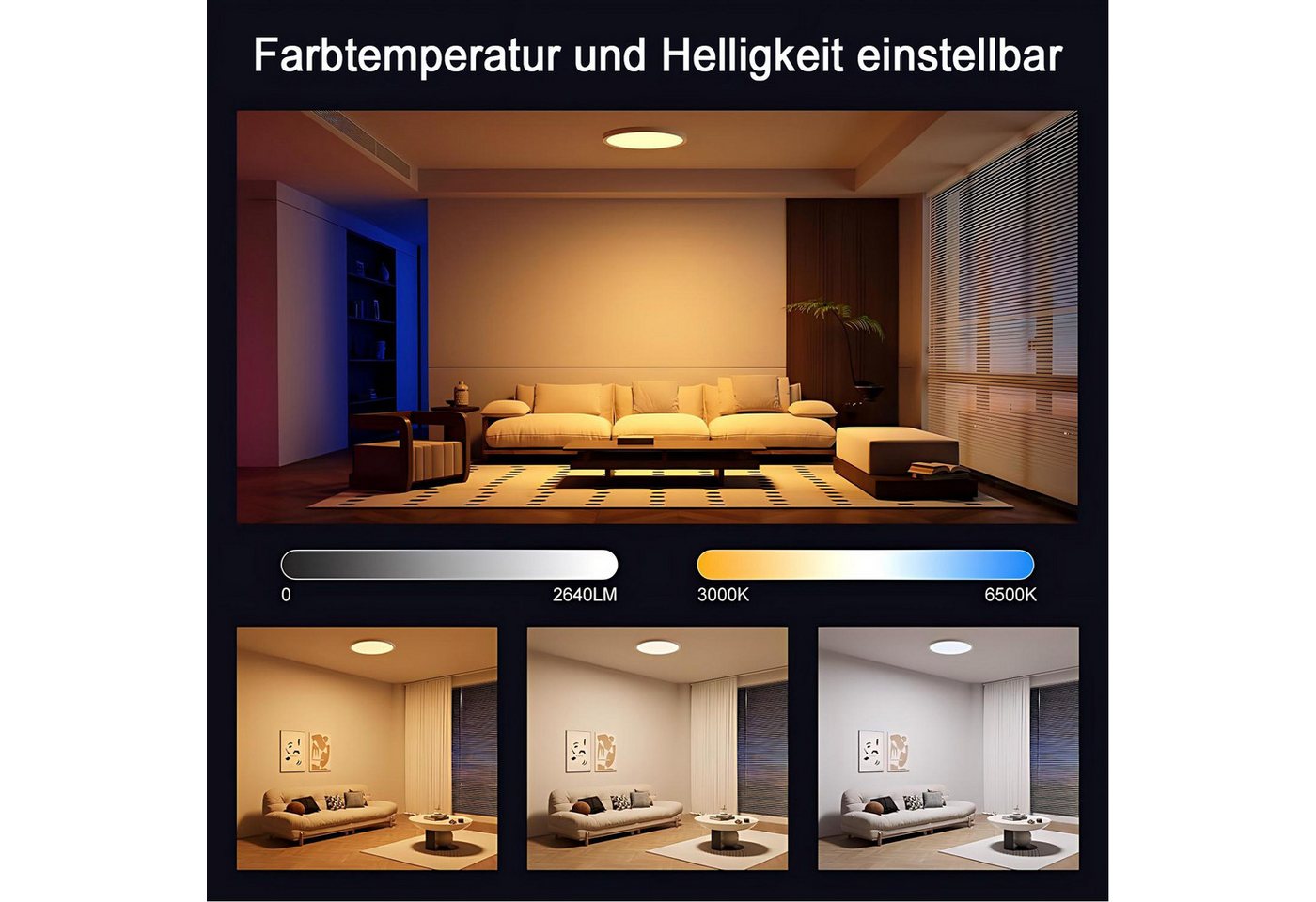 Futicare LED Deckenleuchte mit RGB Ambientelicht, 24W, 2700 lm, dimmbar, Fernbedienung, 3000–6500 K, IP44 – für Wohnzimmer, Schlafzimmer & Bad – Bild 4 von 5