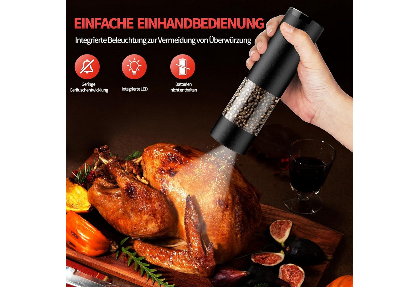 Futicare Salz-/Pfeffermühle Elektrisch 2er Set, batteriebetrieben für sofortigen Einsatz & flexibel überall nutzbar – Keramikmahlwerk, LED-Licht, Nachfüllbar, E – Bild 3 von 5