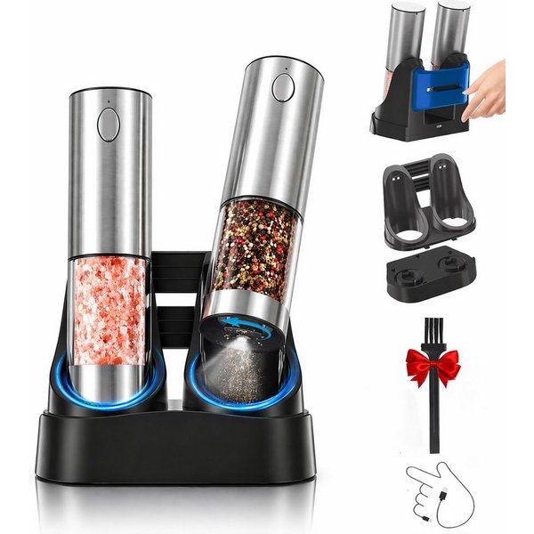 Futicare Salz-/Pfeffermühle Elektrisch 2er Set, wiederaufladbare Gewürzmühlen mit Akku &, magnetischer USB-C-Ladestation,95 ml,Keramikmahlwerk,5 Mahlgrade & LED