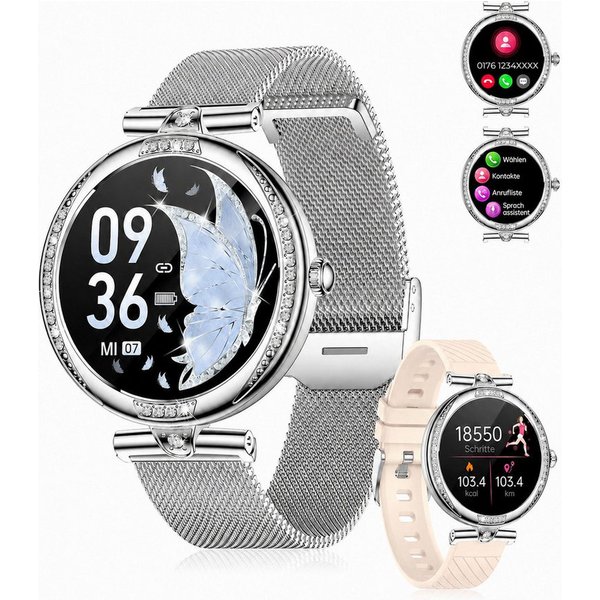 Futicare Smartwatch Damen klein & elegant, 1,19 Zoll AMOLED-Display, Fitnessuhr Smartwatch Damen mit Anruffunktion, Schmuck-Look, 16 mm schmalem Armband, Blueto