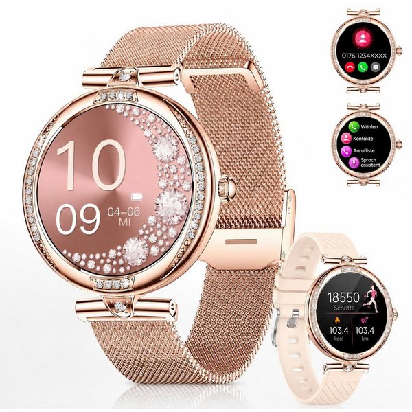Futicare Smartwatch Damen klein & elegant, 1,19 Zoll AMOLED-Display, Fitnessuhr Smartwatch Damen mit Anruffunktion, Schmuck-Look, 16 mm schmalem Armband, Blueto