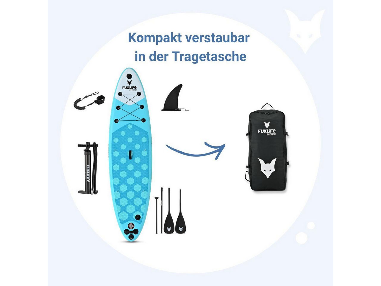 FUXLIFE SUP-Board FX-SUP320D1, Aufblasbar, (3 Finnen,Paddel,Pumpe,Tragetasche,Sicherheitsleine,Actioncam-Halterung) – Bild 3 von 5