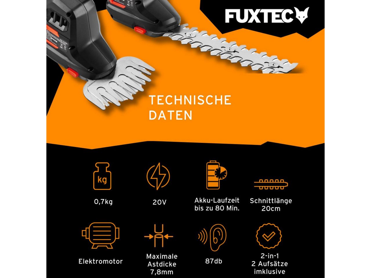 FUXTEC Akku-Heckenschere FX-E1HS20-SET, 2Ah-Akku, 52cm Arbeitsbereich, 20V, bis zu 28mm Astdicke – Bild 2 von 5