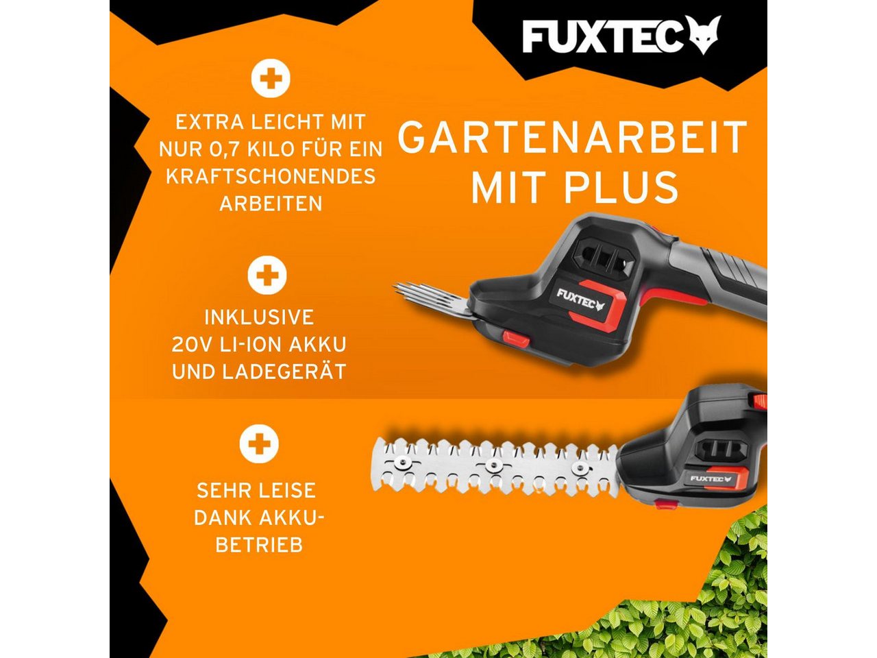FUXTEC Akku-Heckenschere FX-E1HS20-SET, 2Ah-Akku, 52cm Arbeitsbereich, 20V, bis zu 28mm Astdicke – Bild 3 von 5