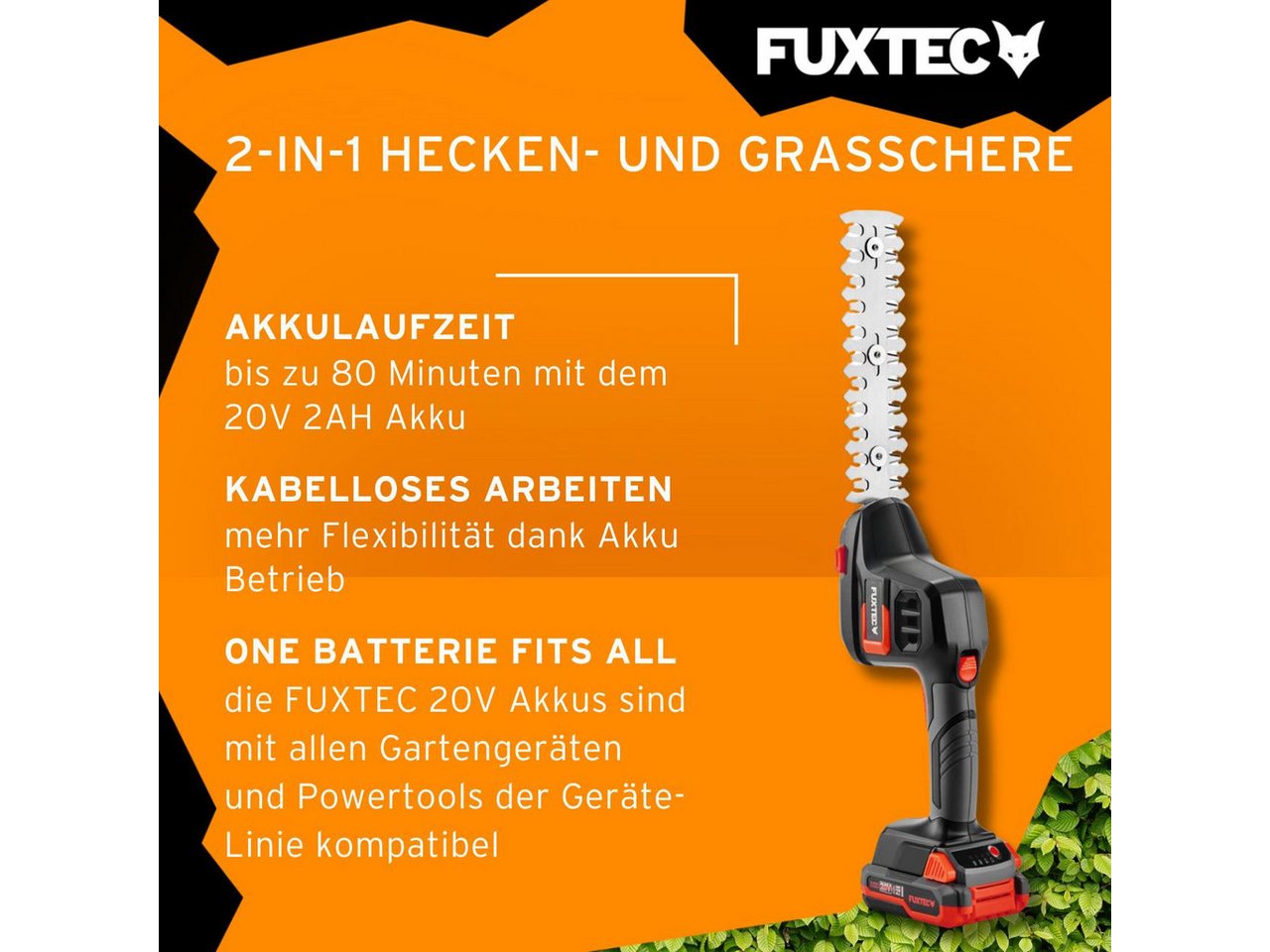 FUXTEC Akku-Heckenschere FX-E1HS20-SET, 2Ah-Akku, 52cm Arbeitsbereich, 20V, bis zu 28mm Astdicke – Bild 4 von 5
