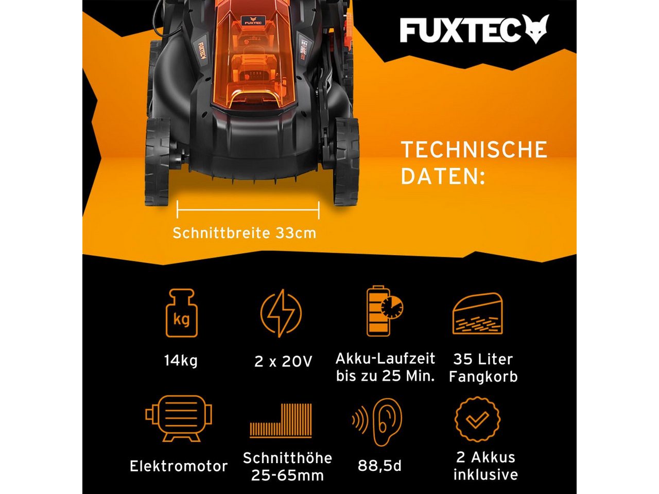 FUXTEC Akkurasenmäher FX-E1RM20-SET, 33 cm Schnittbreite, 35 L Fangkorb, 2x 20V 2Ah Akku, 25mm - 65mm Schnitthöhe – Bild 2 von 5