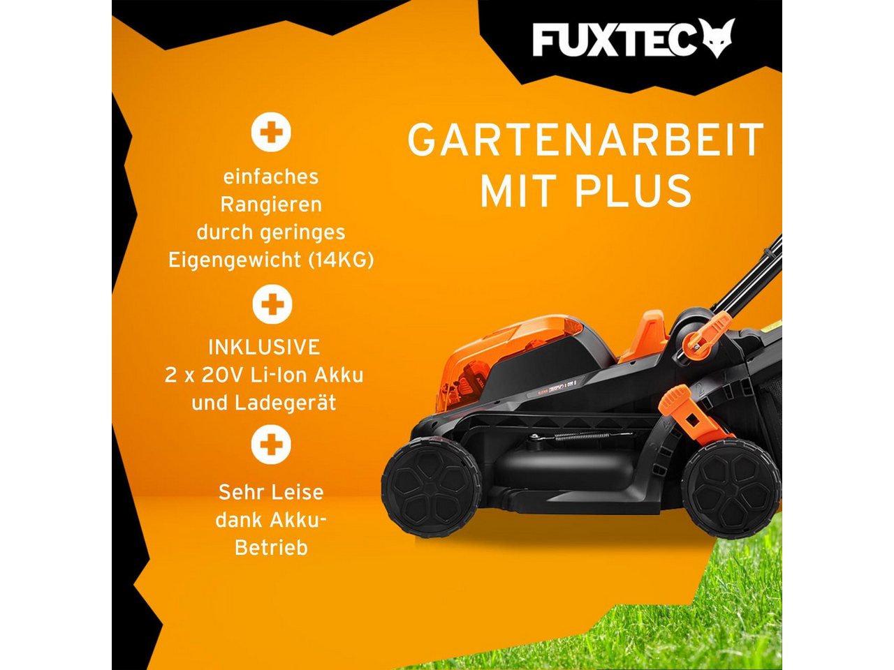 FUXTEC Akkurasenmäher FX-E1RM20-SET, 33 cm Schnittbreite, 35 L Fangkorb, 2x 20V 2Ah Akku, 25mm - 65mm Schnitthöhe – Bild 3 von 5