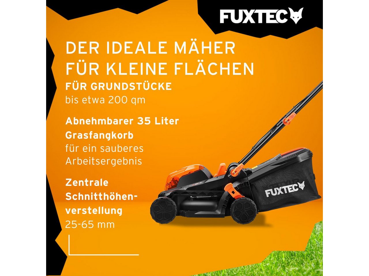 FUXTEC Akkurasenmäher FX-E1RM20-SET, 33 cm Schnittbreite, 35 L Fangkorb, 2x 20V 2Ah Akku, 25mm - 65mm Schnitthöhe – Bild 4 von 5