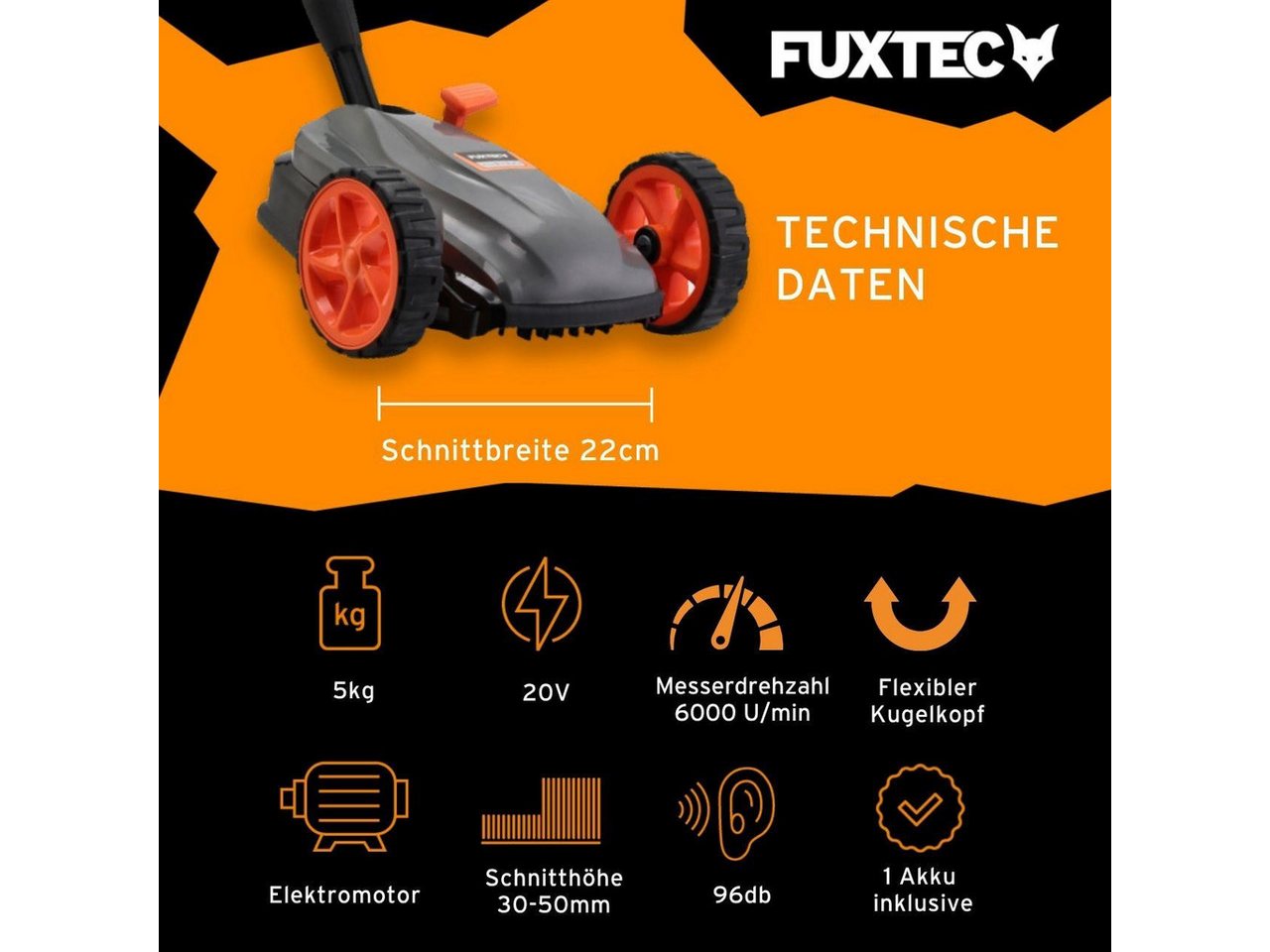 FUXTEC Akkurasenmäher FX-E1RMEH20-SET, 22 cm Schnittbreite, flexible Kugelkopfsteuerung, 20V Akku, 3-fache Schnitthöheneinstellung – Bild 3 von 5