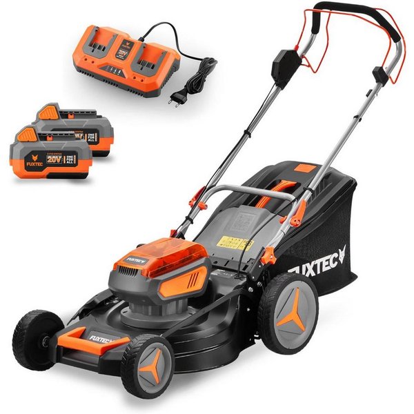 FUXTEC Akkurasenmäher FX-E2RM46SET, 46 cm Schnittbreite, 50L Fangkorb, 2x 20V Akku, 25mm-65mm, Frontbumper