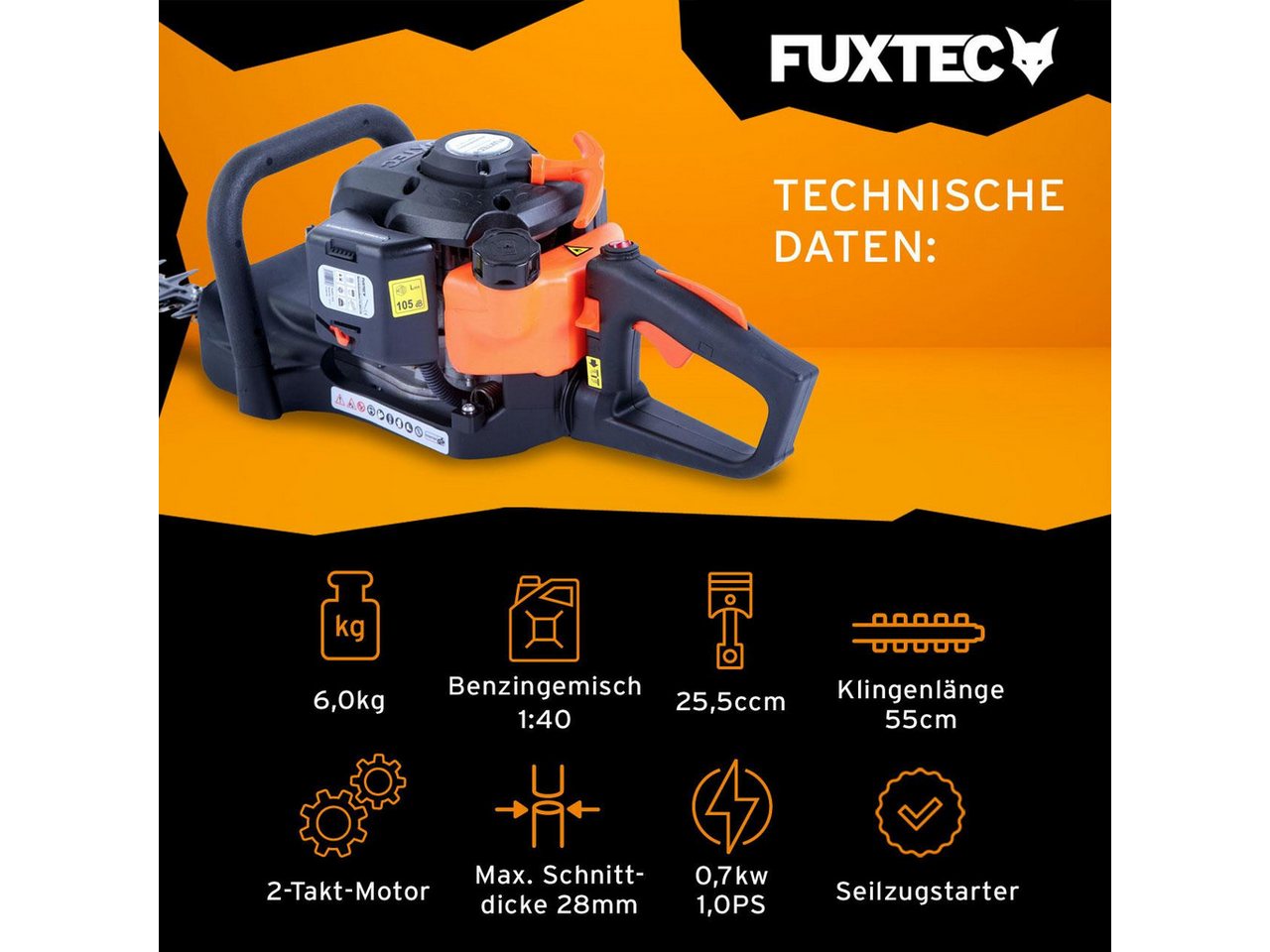 FUXTEC Benzin-Heckenschere FX-MH126, 25.5ccm, 55cm Schneidmesser, 60cm Schwertlänge, vibrationsarm – Bild 2 von 5