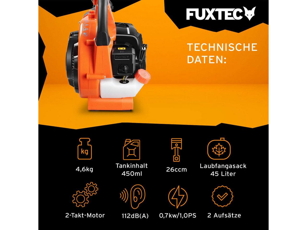 FUXTEC Benzin-Laubbläser FX-LBS126, 71m/s, 255 km/h Blasgeschwindigkeit, 45 L Fangsack, Häckselfunktion – Bild 2 von 5